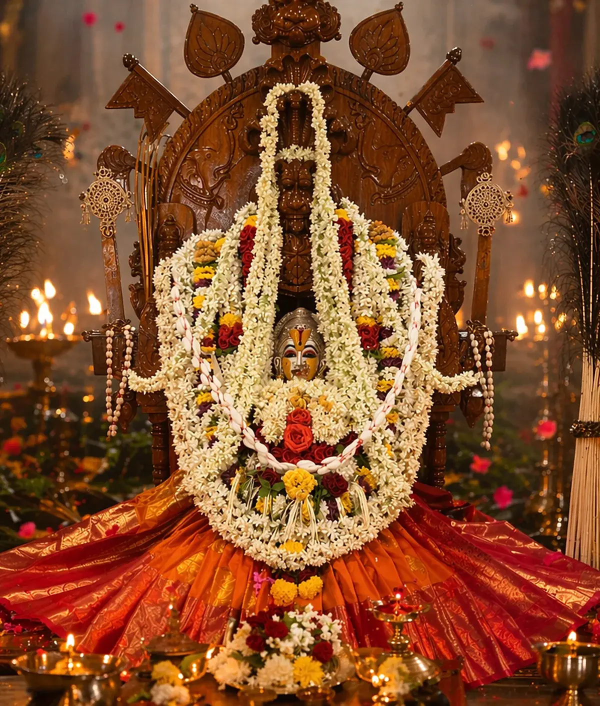 ಮಲ್ಲಿಗೆ ಹಾರಗಳು ಮತ್ತು ಕೆಂಪು ರೇಷ್ಮೆಯಿಂದ ಅಲಂಕೃತರಾಗಿ, ಹೊಳೆಯುವ ಹಿತ್ತಾಳೆಯ ದೀಪಗಳ ನಡುವೆ ಕೆತ್ತನೆಯ ಸಿಂಹಾಸನದಲ್ಲಿ ವಿರಾಜಮಾನರಾದ ಅಮ್ಮನವರು