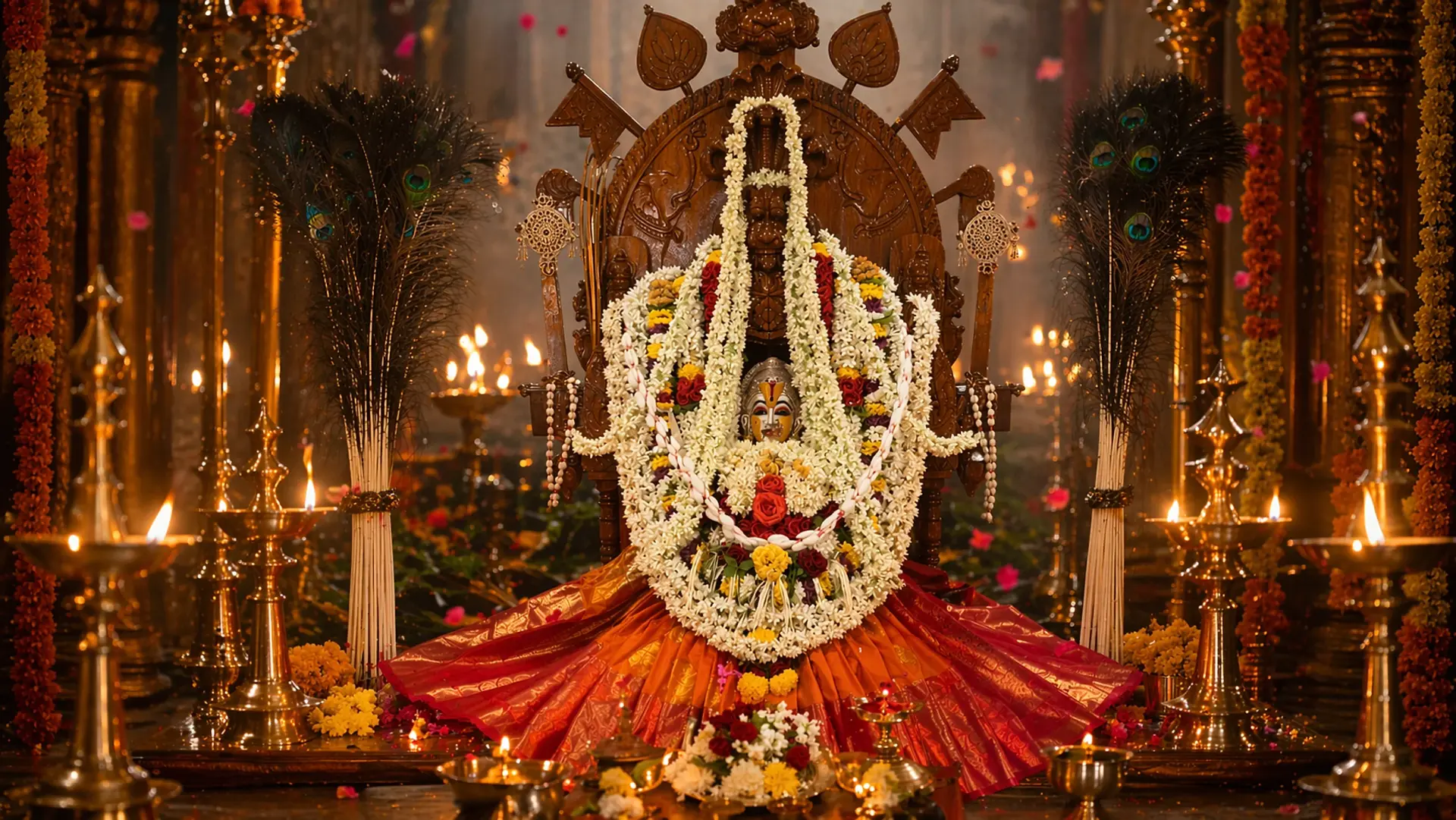 ಮಲ್ಲಿಗೆ ಹಾರ ಮತ್ತು ಕೆಂಪು ರೇಷ್ಮೆ ಸೀರೆ ಧರಿಸಿ ಕೆತ್ತನೆಯ ಮರದ ಸಿಂಹಾಸನದಲ್ಲಿ ಕುಳಿತಿರುವ ದೇವಿ ಅಮ್ಮನವರು, ಸುತ್ತಲೂ ಹಿತ್ತಾಳೆ ದೀಪಗಳು