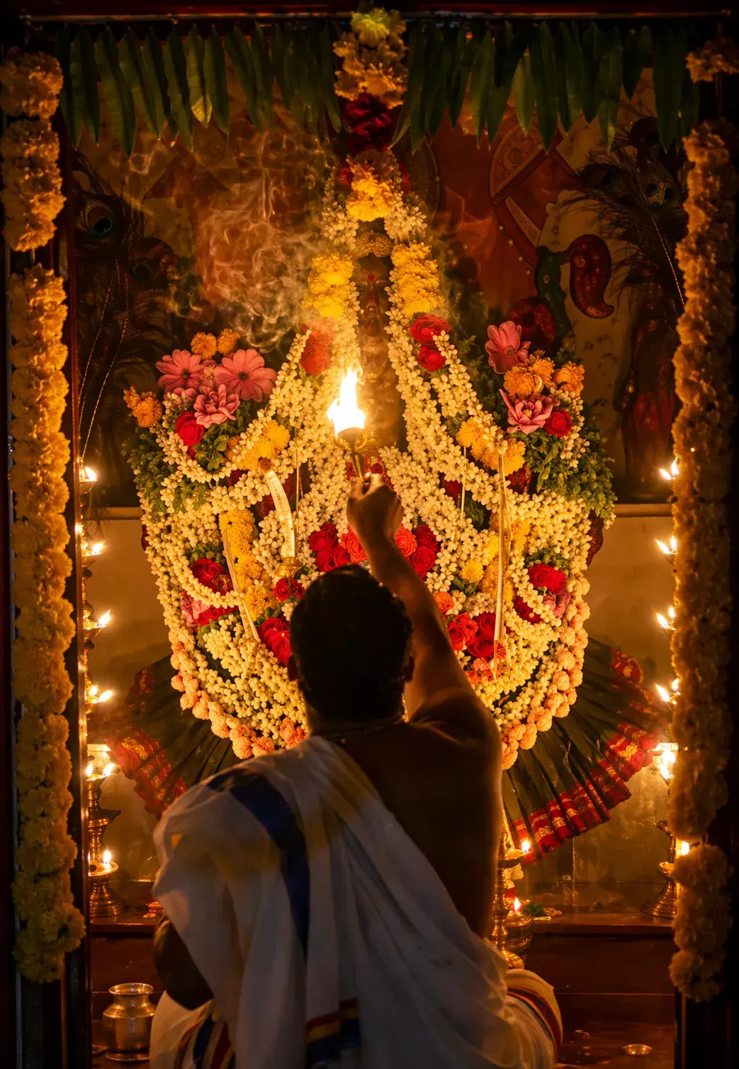 ದೀಪಗಳಿಂದ ಬೆಳಗುವ ಗರ್ಭಗುಡಿಯ ಮುಂದೆ ಮಹಾಮಂಗಳಾರತಿ ಮಾಡುತ್ತಿರುವ ಶ್ರೀ ಅಭಿಲಾಷ ಗುರೂಜಿ