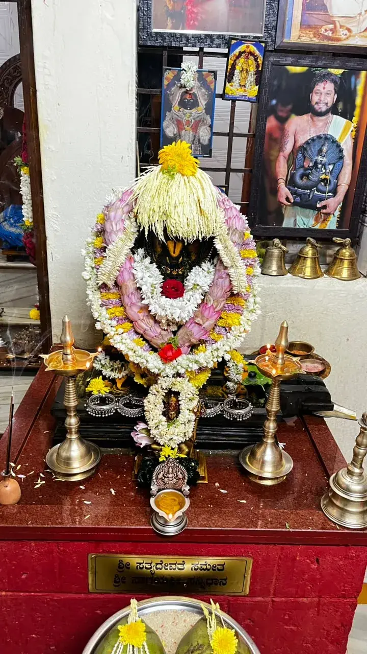 ಹಿತ್ತಾಳೆ ದೀಪಗಳ ನಡುವೆ ಕಮಲದ ಮೊಗ್ಗು ಮತ್ತು ಮಲ್ಲಿಗೆಯ ಹಾರದಿಂದ ಅಲಂಕೃತಳಾದ ಶ್ರೀ ನಾಗಯಕ್ಷಿ, ಹಿಂದೆ ಶ್ರೀ ಅಭಿಲಾಷ ಗುರೂಜಿಯವರ ಚೌಕಟ್ಟಿನ ಭಾವಚಿತ್ರ